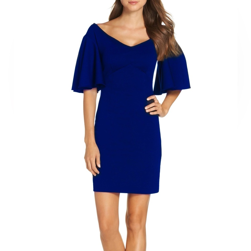 Trina Turk Cielo Diamond Ponte Dress Flutter Sleeve Blue Lagoon TT188506 Size 10